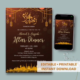 Convite Iftar Silhueta da Mesquita Âmbar e Dourado