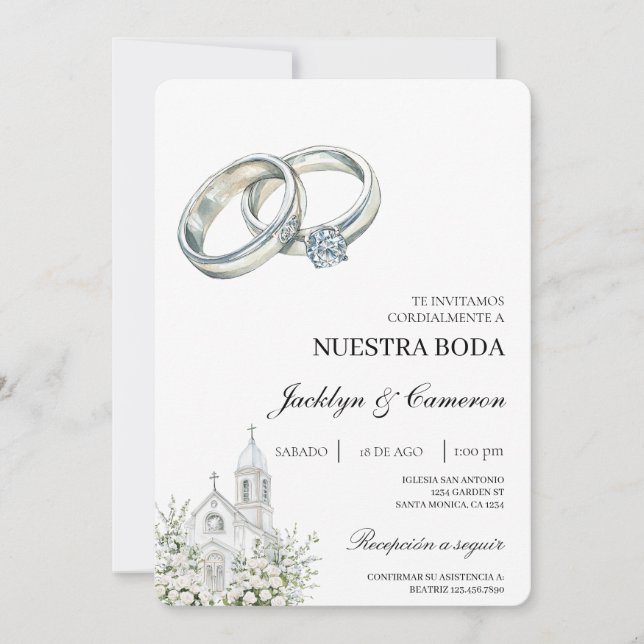 Convite Igreja branca com aliança Casamento Espanhol (Frente)