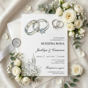 Convite Igreja branca com aliança Casamento Espanhol