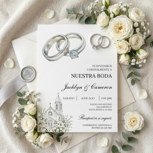 Convite Igreja branca com aliança Casamento Espanhol (Criador carregado)