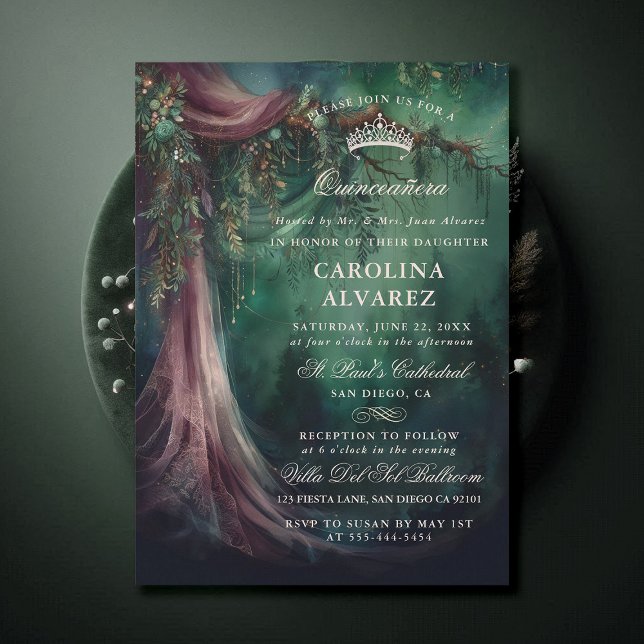 Convite Igreja de Fairytala de Véu Florestal Encantada Qui (enchanted forest quinceanera emerald green mauve purple veil woodland fairy tale church invitation)