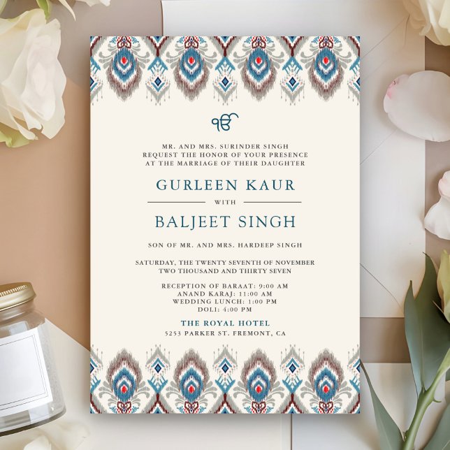 Convite Ikat Azul Cinza Anand Karaj Casamento Sikh (Front)