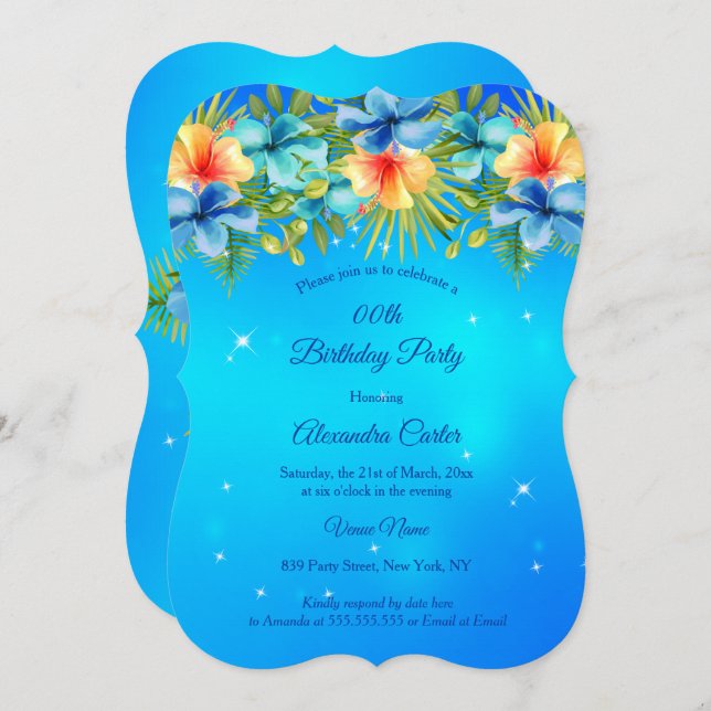 Convite Ilha Blue yellow Hibiscus Tropical Floral Party (Frente/Verso)