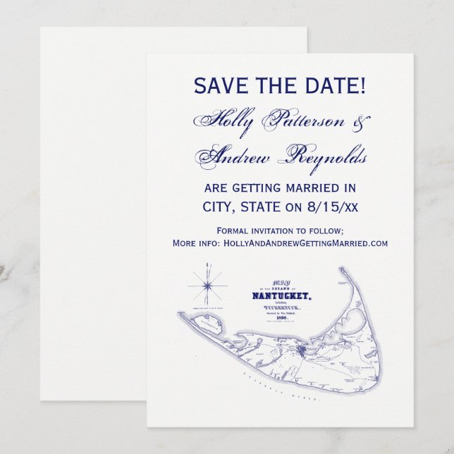 Convite Ilha Nantucket MA Mapa Antigo Azul Marinho (Frente/Verso)