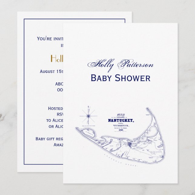 Convite Ilha Nantucket MA Mapa Antigo Azul Marinho (Frente/Verso)