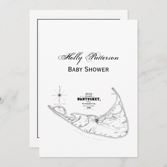 Convite Ilha Nantucket MA Mapa Antigo Preto (Frente/Verso)