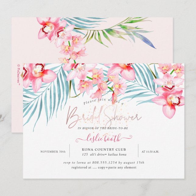 Convite Ilha PixDezines Orchid, Chá de panela tropical (Frente/Verso)