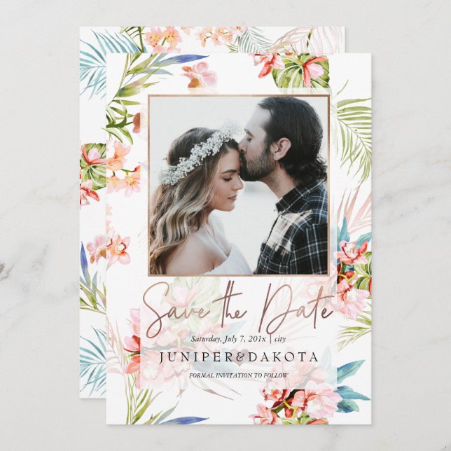 Convite Ilha PixDezines Orchid, Orquídea de Pêssego+Palmas (Frente/Verso)