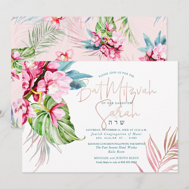 Convite Ilha PixDezines Orchid, Watercolor Bat Mitzvah (Frente/Verso)