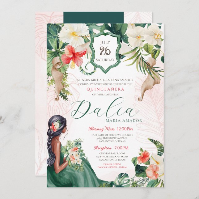Convite Ilha Tropical Emerald Green Floral Quinceanera (Frente/Verso)