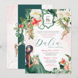 Convite Ilha Tropical Emerald Green Floral Quinceanera