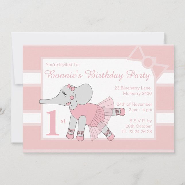 Convite Illusima Ballerina Elefante Bebê Rosa Aniversário (Frente)