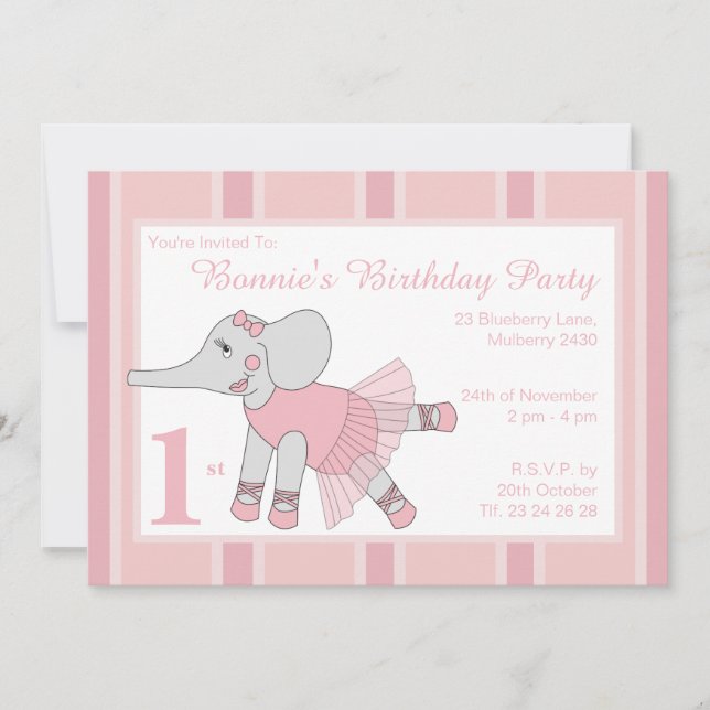 Convite Illusima Ballerina Elephant Rosa claro Aniversário (Frente)