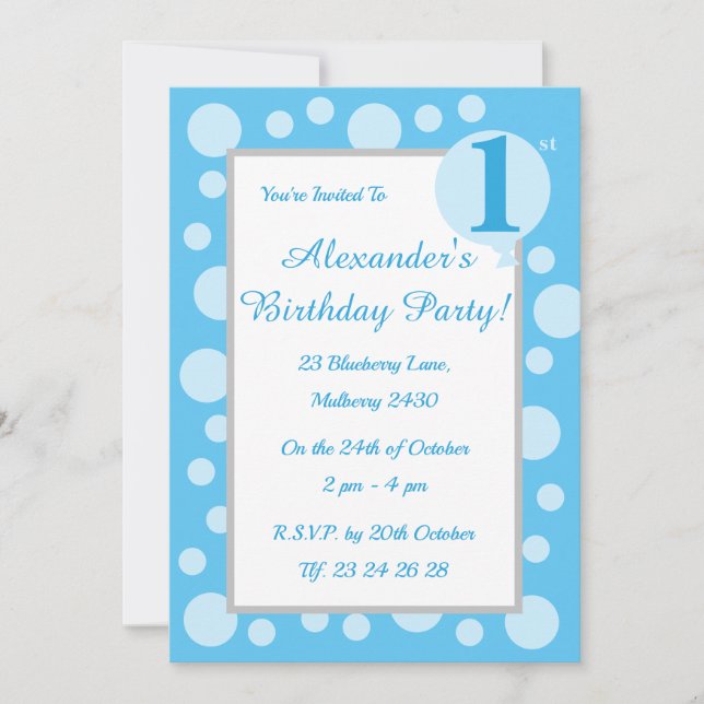 Convite Illusima Light Blue Spots & Dots Boys primeiro ani (Frente)