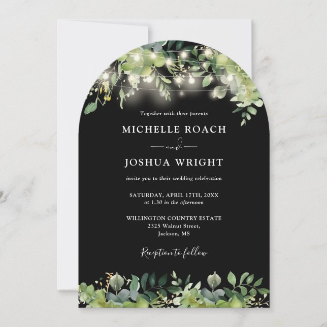 Convite Iluminação de Monograma de Noivado Preto e Branco  (Frente)