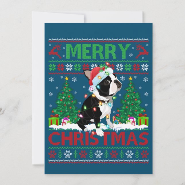 Convite Iluminação Feliz Natal Boston Terrier Feio Chris (Frente)