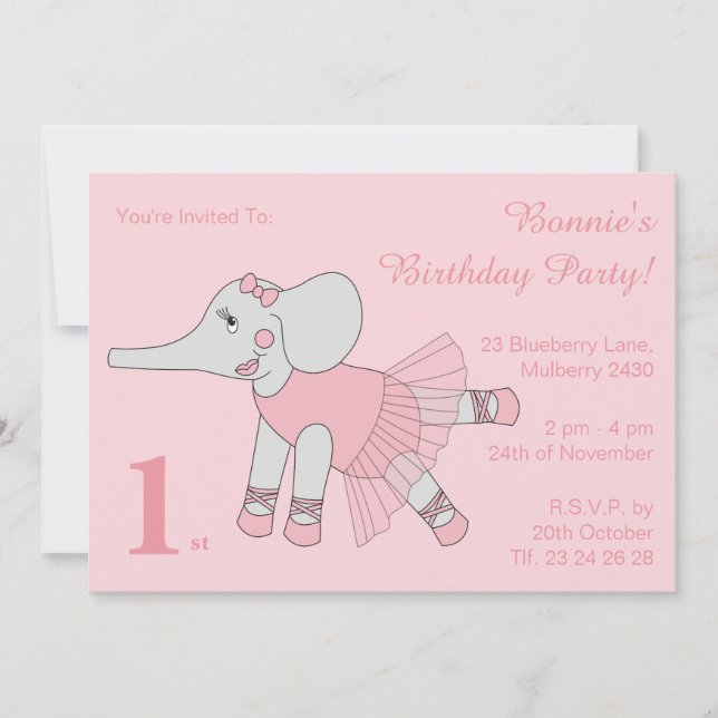 Convite Ilusima Ballerina Elefant Girls Pink Aniversário (Frente)