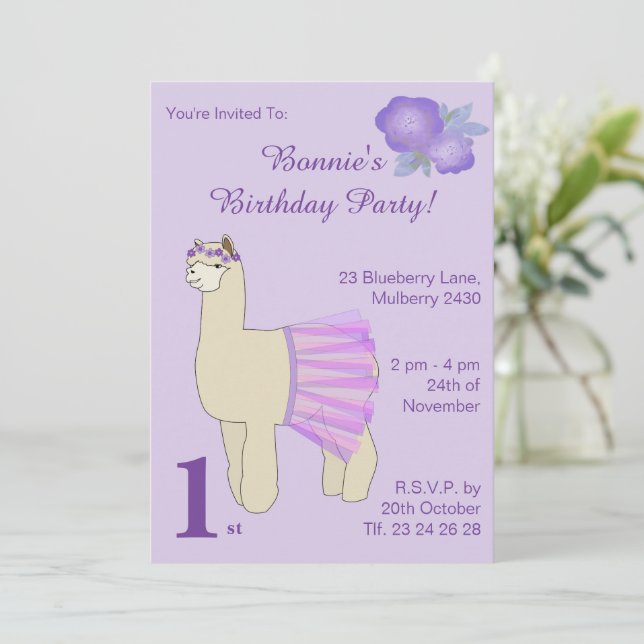 Convite ilusima Ballerina Llama Girls Purple Birday (Em pé/Frente)