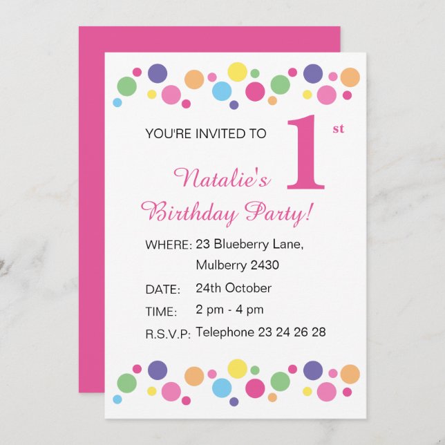 Convite ilusima Rainbow Dots Girls Pink Birthday Invitati (Frente/Verso)