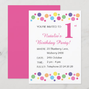 Convite ilusima Rainbow Dots Girls Pink Birthday Invitati