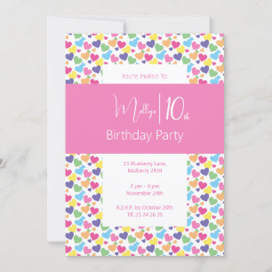Convite ilusima Rainbow Love Hearts Girls 10º aniversário
