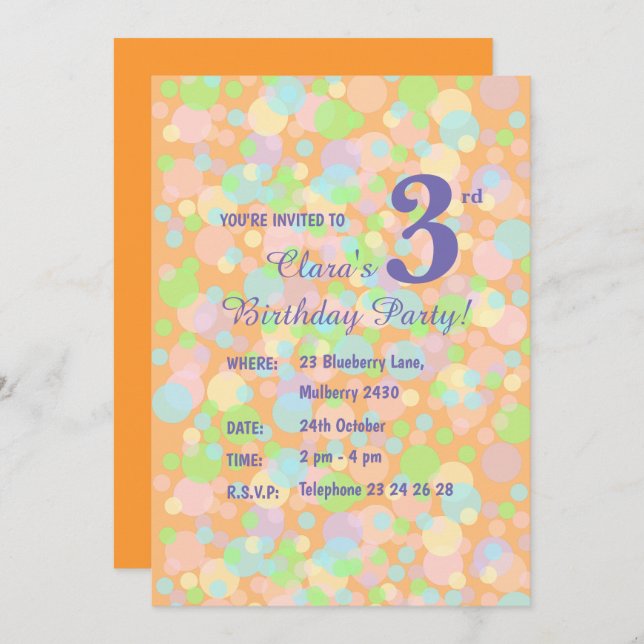 Convite ilusima Rainbow Pastel Dots Girls Orange Birday (Frente/Verso)