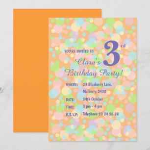 Convite ilusima Rainbow Pastel Dots Girls Orange Birday