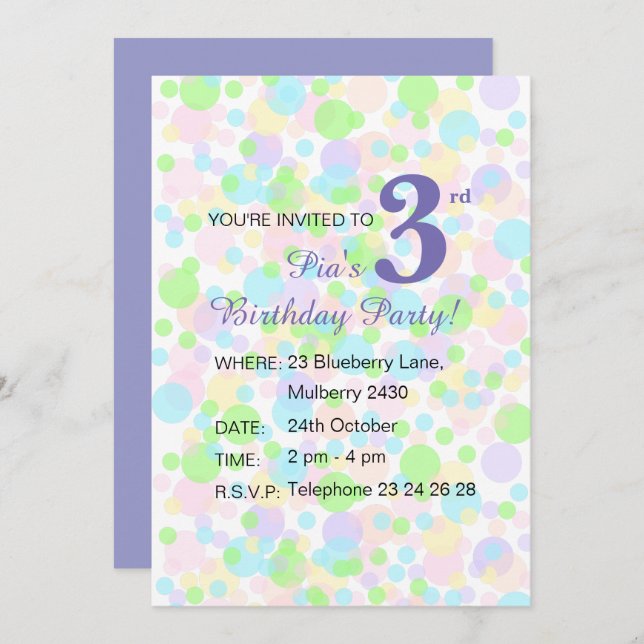 Convite ilusima Rainbow Pastel Dots Girls Purple Aniversár (Frente/Verso)