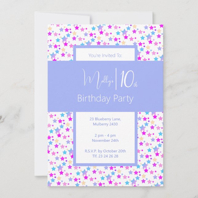 Convite ilusima Rainbow Stars Blue Girls 10º aniversário (Frente)