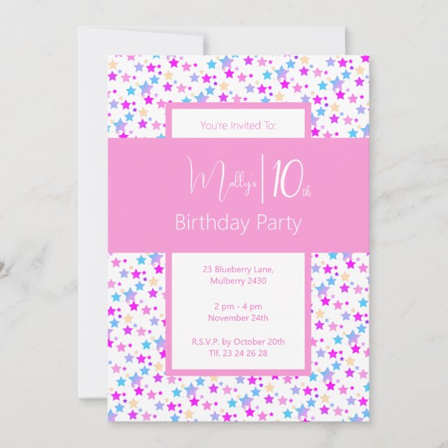 Convite ilusima Rainbow Stars Pink Girls 10º Aniversário (Frente)