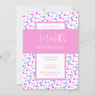 Convite ilusima Rainbow Stars Pink Girls 10º Aniversário