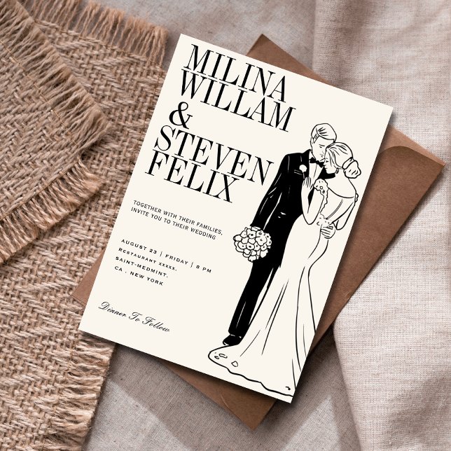 Convite Ilustração Clássica de Noiva e Noivo em Casamento (Criador carregado)