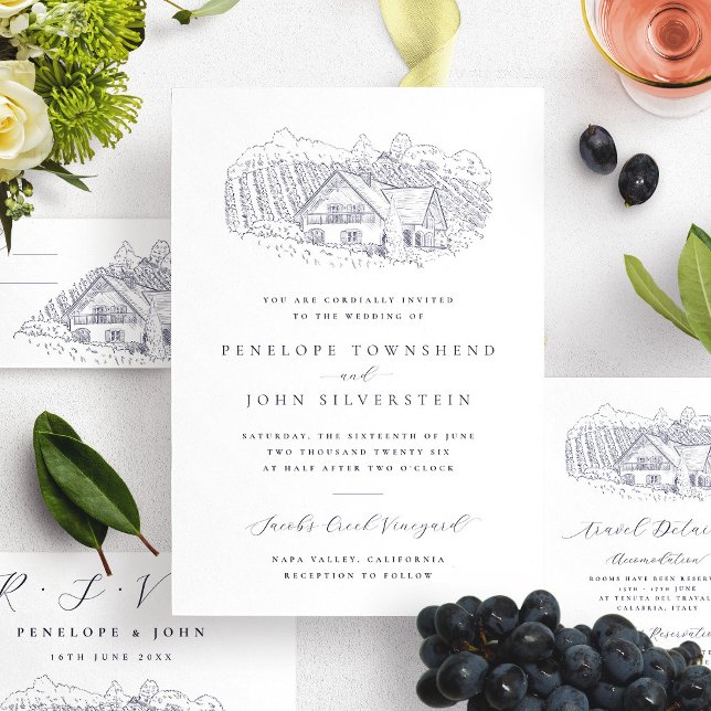 Convite Ilustração Clássica de Vinhedo Rústico para Casame (Classic Rustic Vineyard Illustration Wedding Invitation)