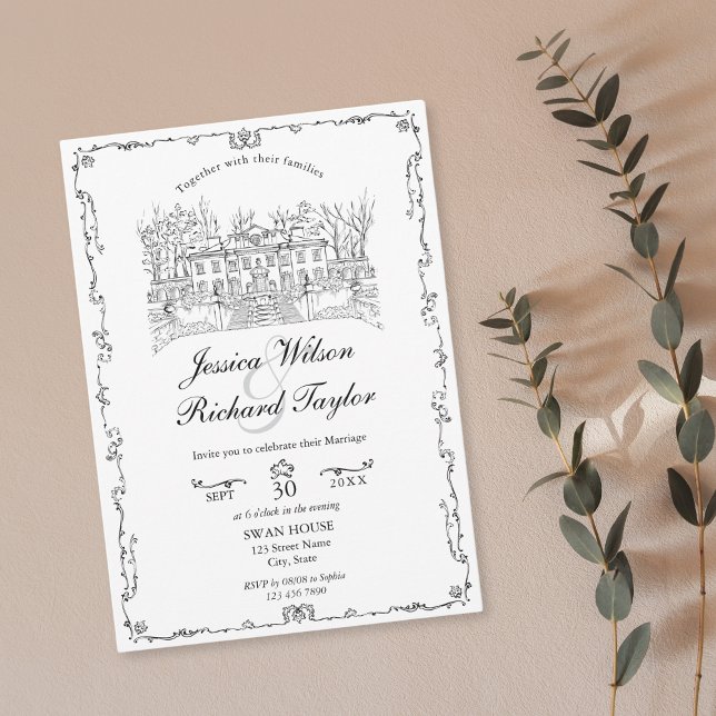 Convite Ilustração Clássica do Gerenciador de Locais Desen (custom hand drawn classic wedding venue illustration invitation with border)
