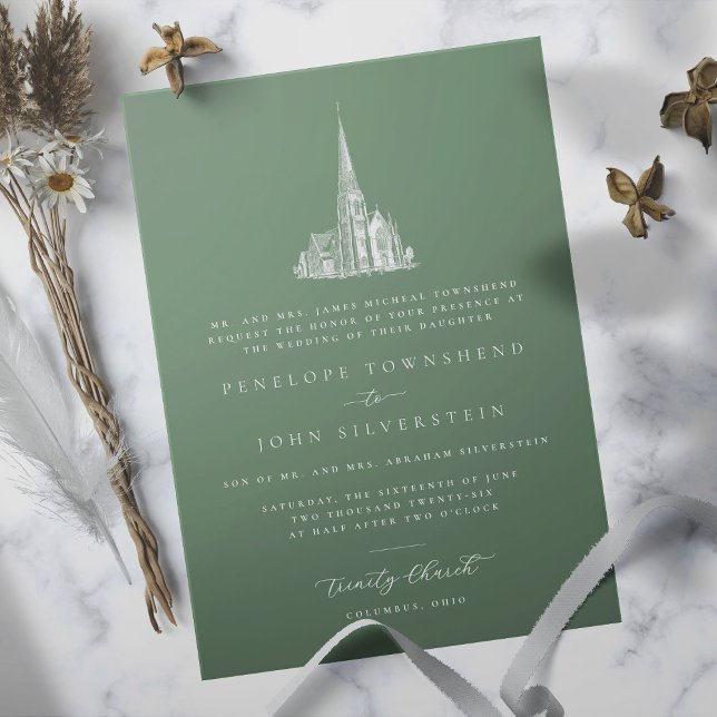 Convite Ilustração da Igreja Elegante Casamento Formal Ver (Sage green formal wedding invitation with an illustration of a church)