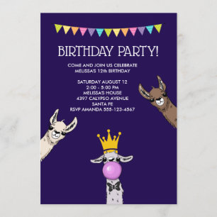 Convite Ilustração de 3 carinhas de lhama fofas para festa