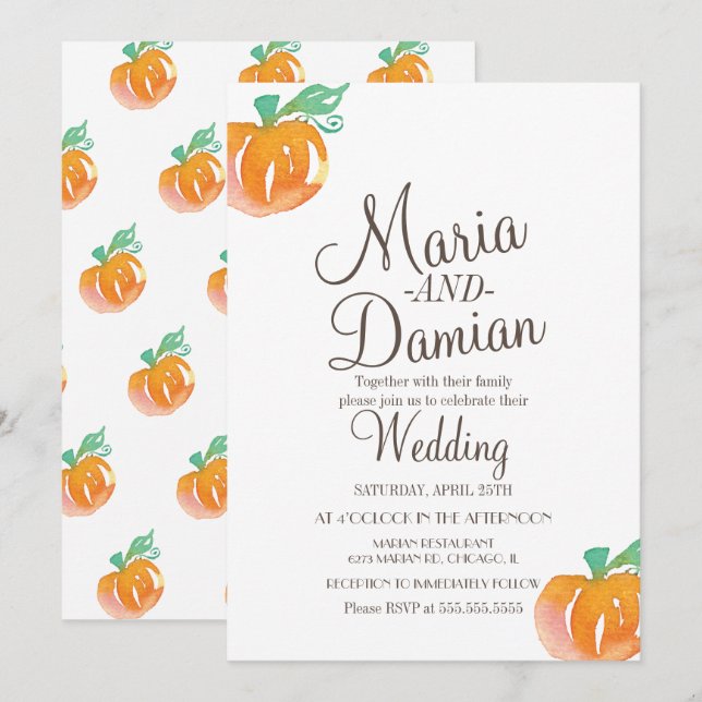 Convite Ilustração de Abóbora em Aquarela Casamento de Out (Frente/Verso)