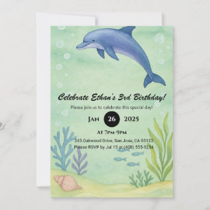 Convite Ilustração de Aniversário do Golfinho Azul & Jardi