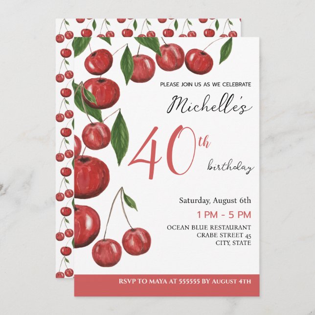 Convite Ilustração De Aquarela De Cerejas Doce Aniversário (Frente/Verso)