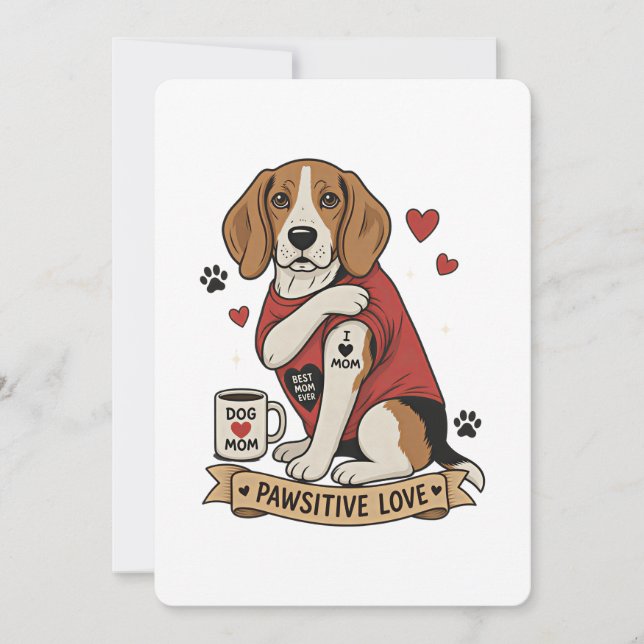 Convite Ilustração de Beagle com Tatuagem Eu Amo Mamãe (Frente)