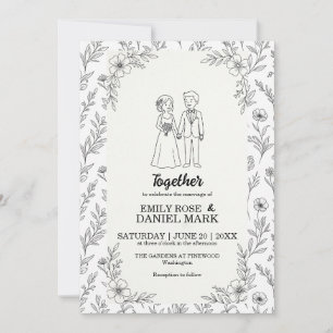 Convite Ilustração de Casal Fofo Casamento Floral Minimali