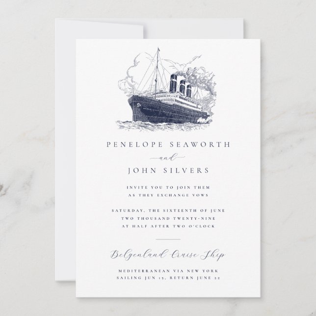 Convite Ilustração de Casamento com Navio de Cruzeiro Mini (Frente)