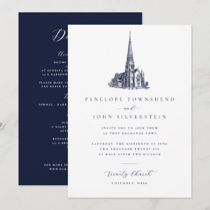 Convite Ilustração de casamento de igreja vintage elegante