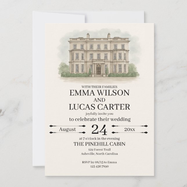 Convite Ilustração de Casamento de Local Desenhado à Mão P (Frente)