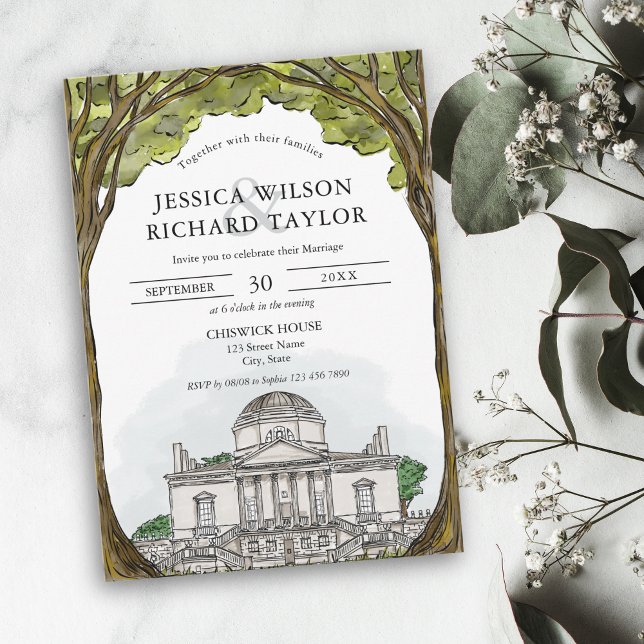 Convite Ilustração de Casamento de Local Desenhado à Mão P (custom hand drawn watercolor wedding venue illustrated invitation)