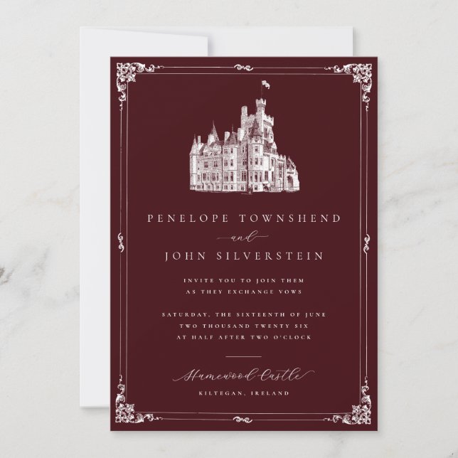 Convite Ilustração de Castelo Borda Borgonha Casamento (Frente)