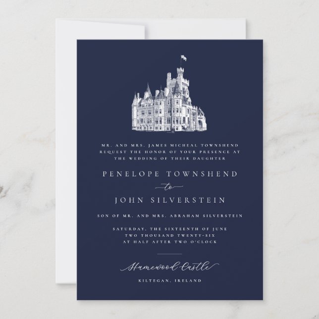 Convite Ilustração de Castelo Elegante Casamento Formal Az (Frente)
