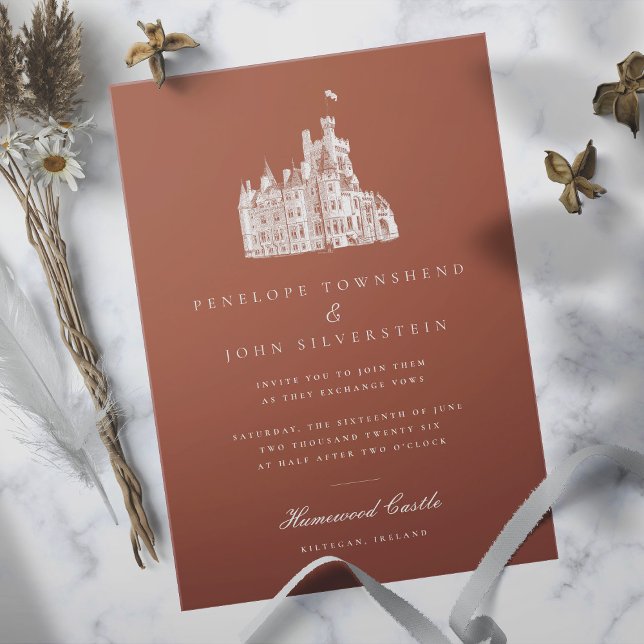 Convite Ilustração de Castelo Vintage Laranja Queimada Cas (Burnt orange wedding invitation with an illustration of a castle)