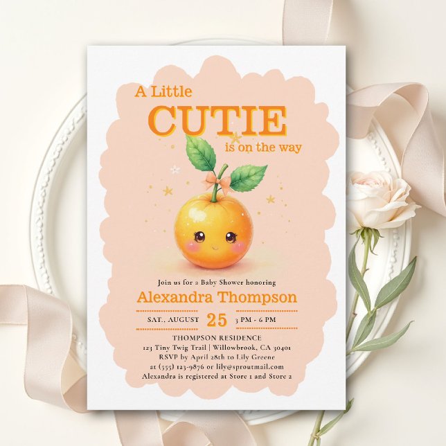 Convite Ilustração de Chaveirinho Laranja para Chá de Bebê (little cutie orange theme baby shower invitation citrus bow watercolor illustration pink bloom)