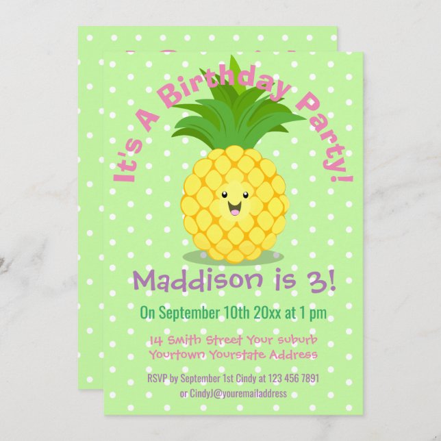 Convite Ilustração de desenho animado de abacaxi (Frente/Verso)